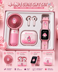 4-in-1 Cute Gift Set – Portable Mini Fan, Wireless TWS Earbuds, Smart Watch & Charging Case | USB Rechargeable | My Melody Edition