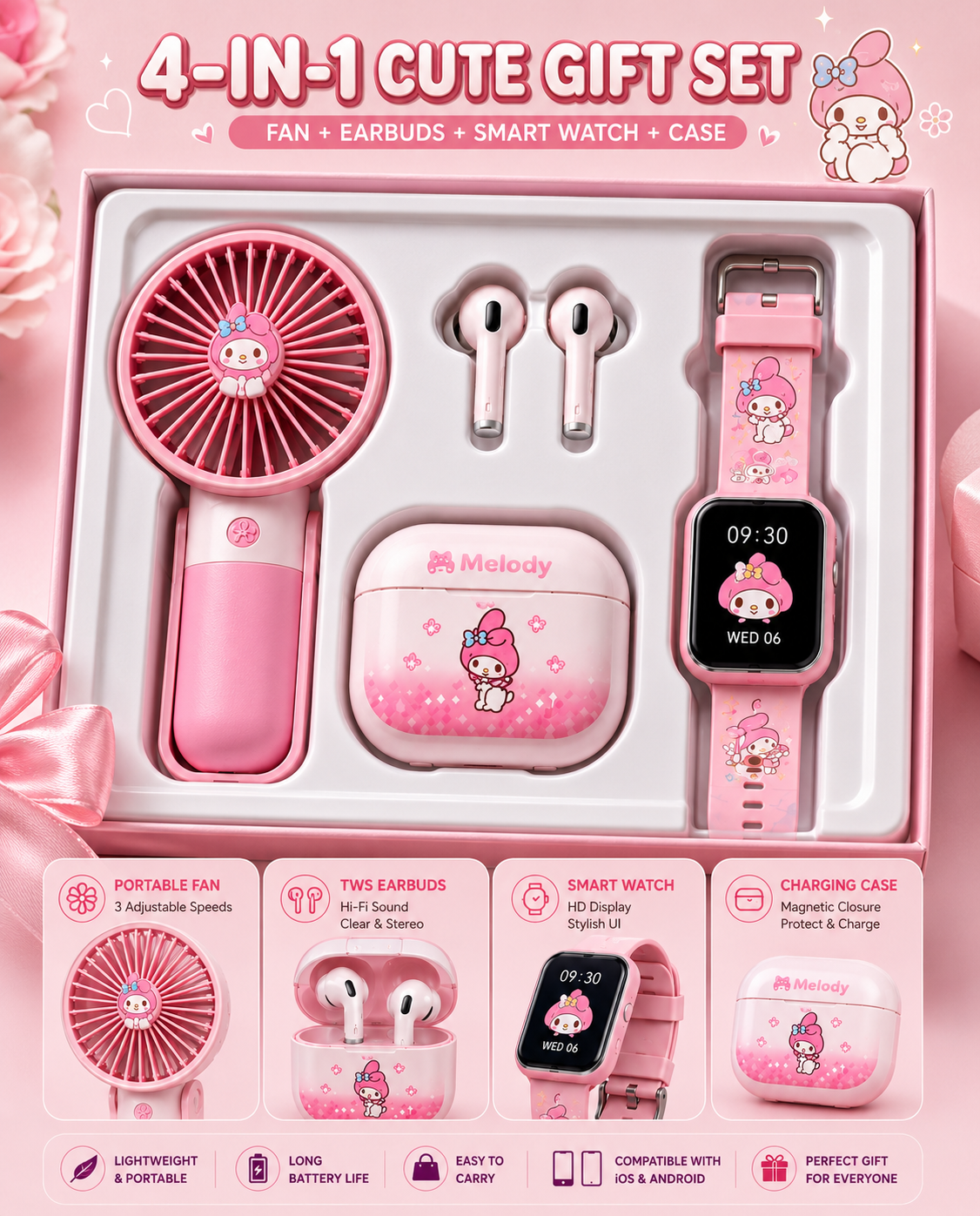 4-in-1 Cute Gift Set – Portable Mini Fan, Wireless TWS Earbuds, Smart Watch & Charging Case | USB Rechargeable | My Melody Edition