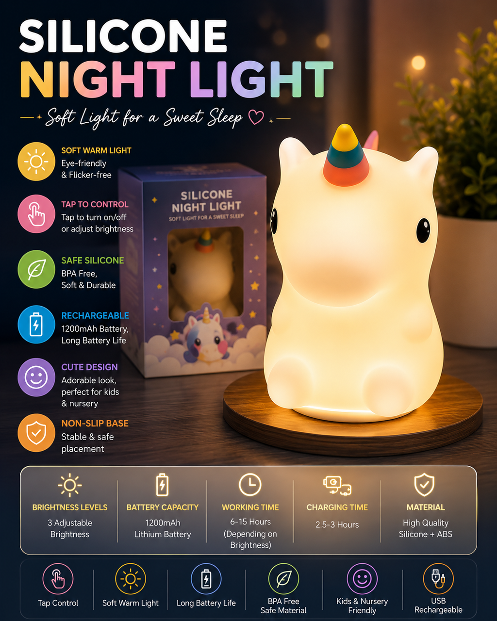Cute Unicorn Silicone LED Night Light