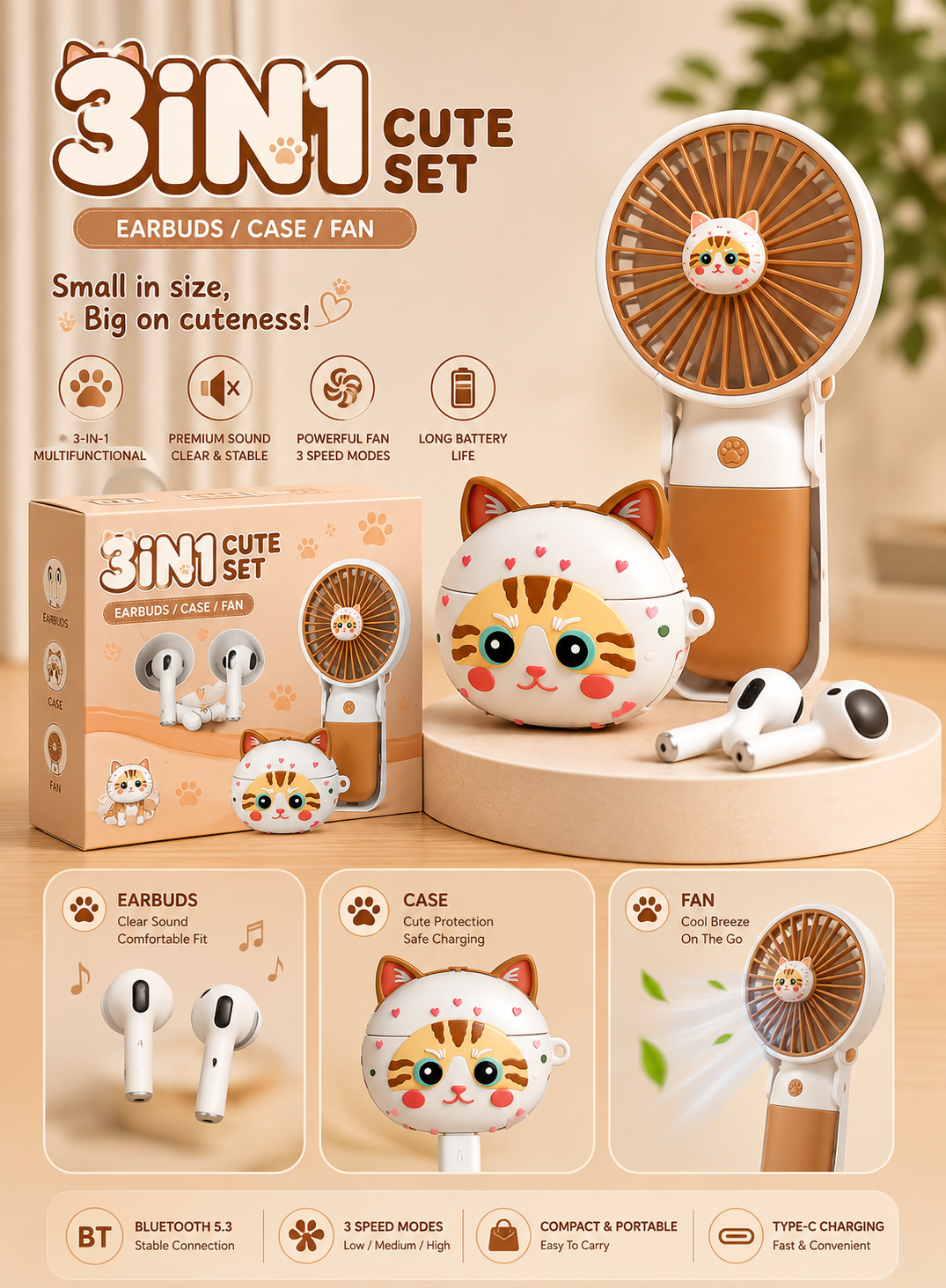 3-in-1 Cute Cat Earbuds Set – Wireless Bluetooth Earbuds with Portable Mini Fan & Cute Charging Case | USB-C Rechargeable | TWS-67