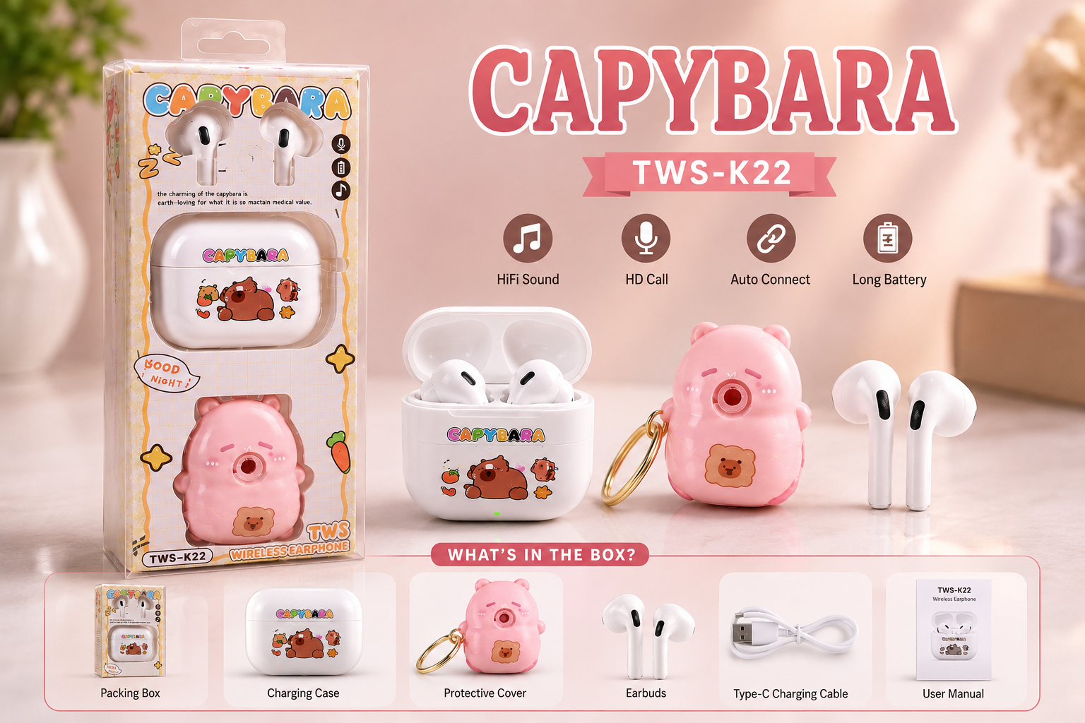 Cute Capybara Bluetooth Earbuds | TWS-K22 | HD Stereo Sound | Long Battery | Premium Gift Box