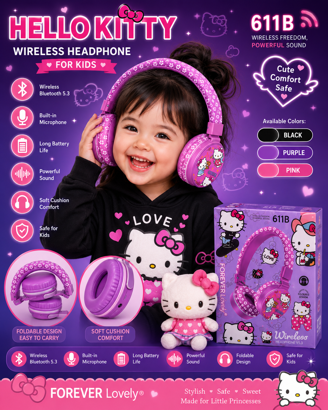 Hello Kitty 611B Wireless Bluetooth Headphones for Kids | Bluetooth 5.3 | Foldable Over-Ear Headset with Built-in Microphone | Cute Gift for Girls