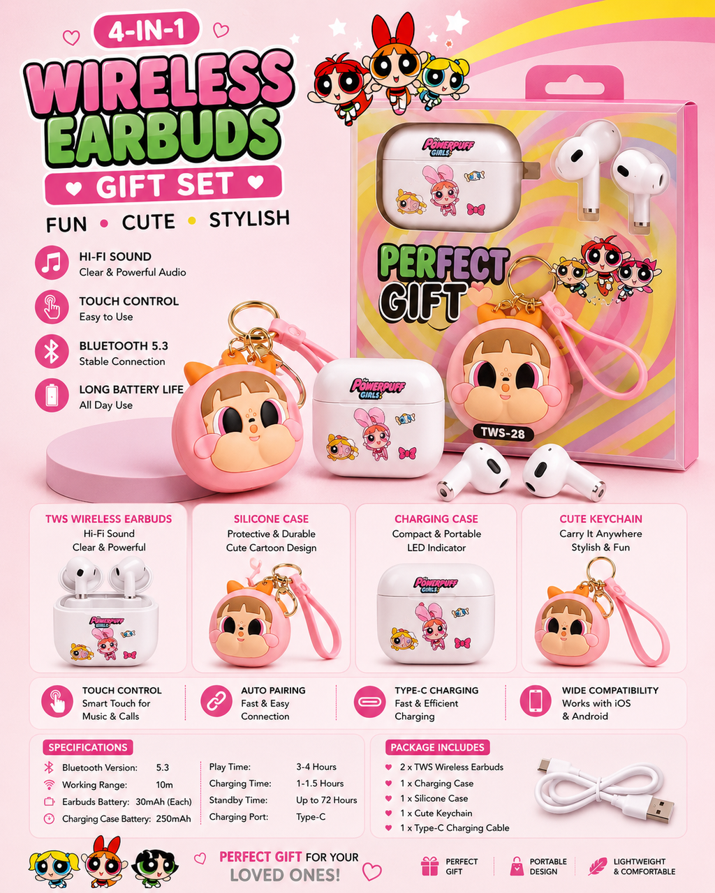 Powerpuff Girls 4-in-1 Wireless Earbuds