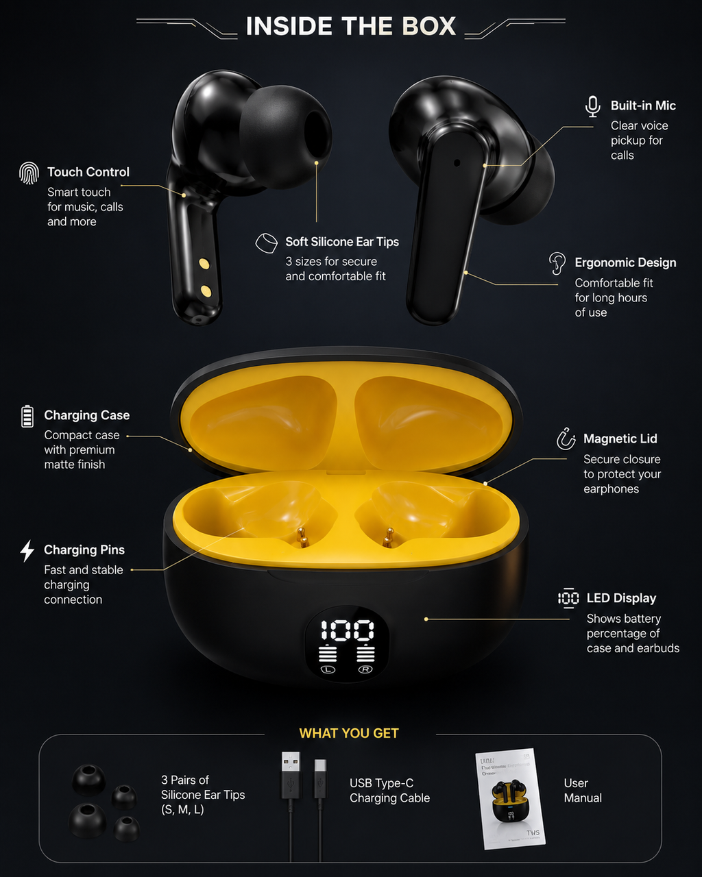 TWS Bluetooth 5.3 Wireless Earbuds with LED Display, Touch Control, Type-C Fast Charging & 25H Battery Life | IPX4 Water Resistant
