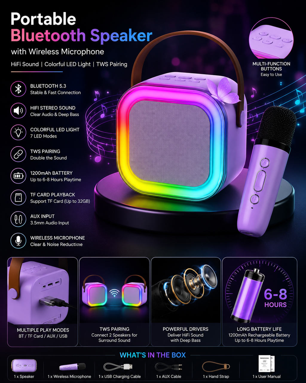 Portable Bluetooth Karaoke Speaker with Wireless Microphone | Bluetooth 5.3 | RGB LED Lights | Hi-Fi Stereo Sound | TWS Pairing | Type-C Fast Charging