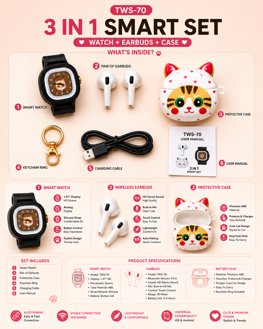 Cute Cat Bluetooth Earbuds Combo