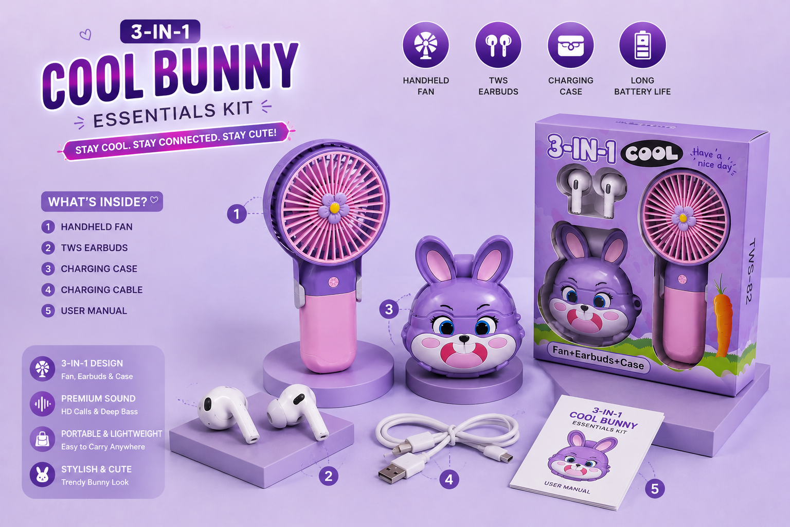 3-in-1 Bunny Essentials Kit TWS-82 – Mini Handheld Fan + Wireless Bluetooth Earbuds + Cute Charging Case | Portable Rechargeable Gift Set
