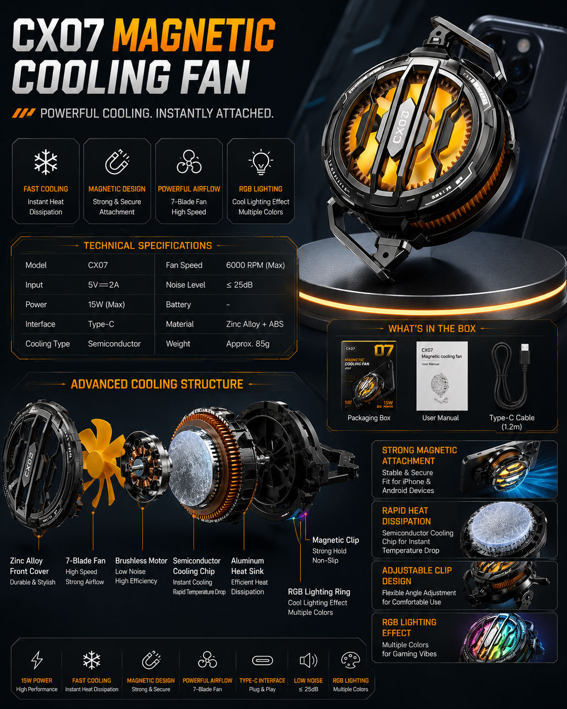 CX07 Magnetic Mobile Cooling Fan | RGB Gaming Phone Cooler | Semiconductor Cooling | Type-C Powered | Ultra-Quiet 7-Blade Fan for iPhone & Android