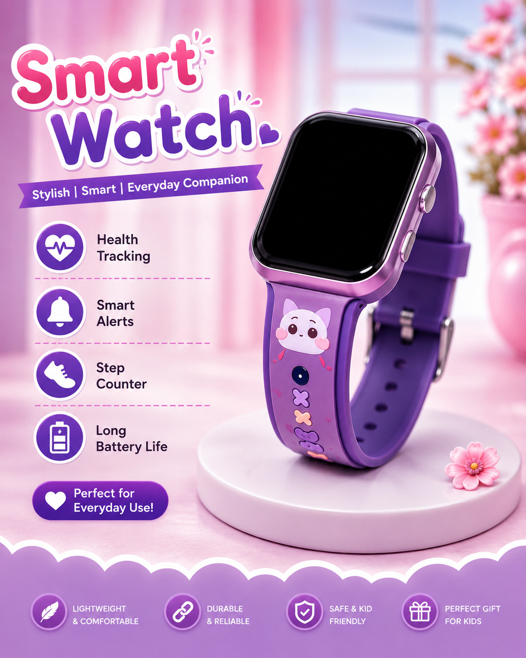 Cute 4-in-1 Smart Combo – Fan + Earbuds + Smart Watch + Kawaii Case