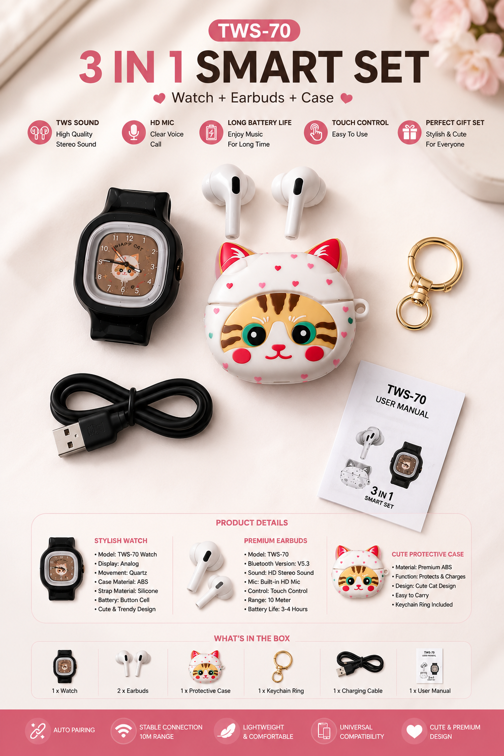 Cute Cat Bluetooth Earbuds Combo | TWS-70 | Smart Watch + Protective Case | HiFi Sound