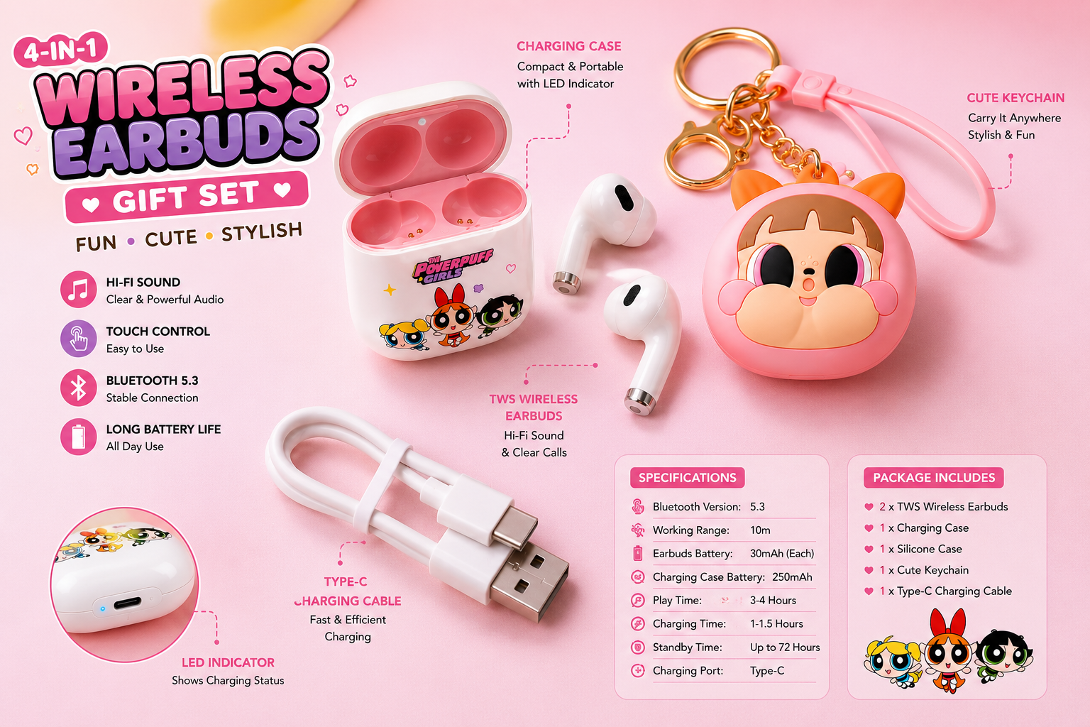 Powerpuff Girls 4-in-1 Wireless Earbuds Gift Set | Bluetooth 5.3 TWS Earbuds with Charging Case, Silicone Cover & Cute Keychain | Type-C Charging | Perfect Gift for Girls & Kids