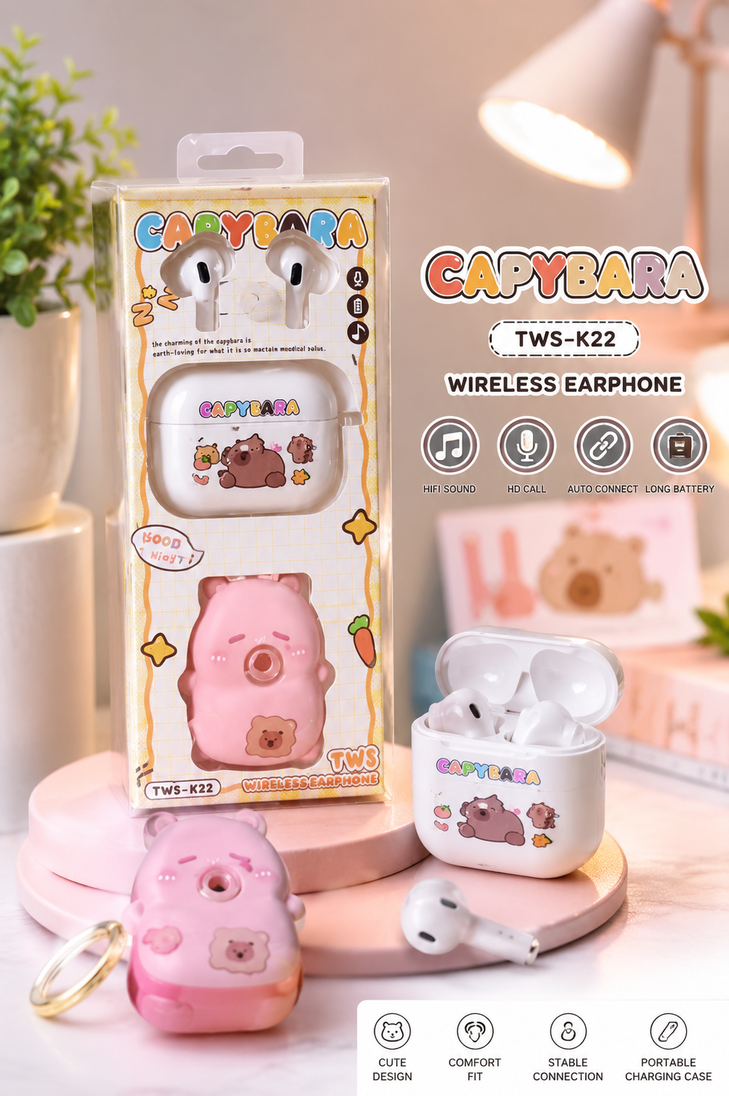 Cute Capybara Bluetooth Earbuds | TWS-K22 | HD Stereo Sound | Long Battery | Premium Gift Box