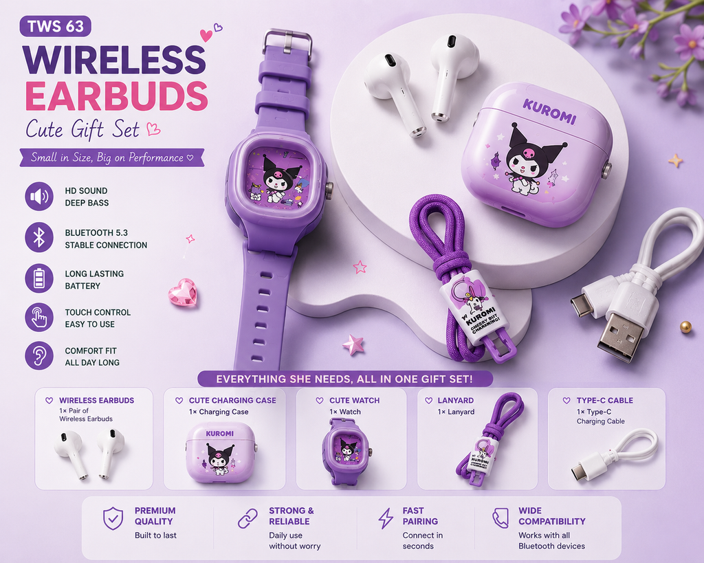TWS-63 Premium Cute Wireless Earbuds Gift Set | Bluetooth 5.3 | HD Stereo Sound | Smart Touch | Long Battery | Perfect Gift for Girls