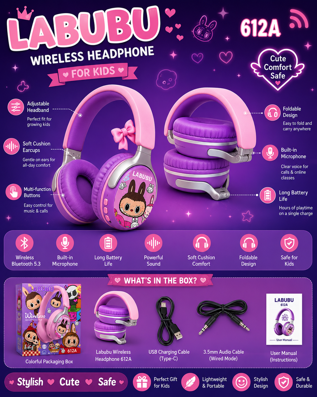 LABUBU 612A Wireless Bluetooth Headphones for Kids – Cute Cartoon Design, Bluetooth 5.3, Built-in Mic, Foldable & Safe Comfortable Earphones