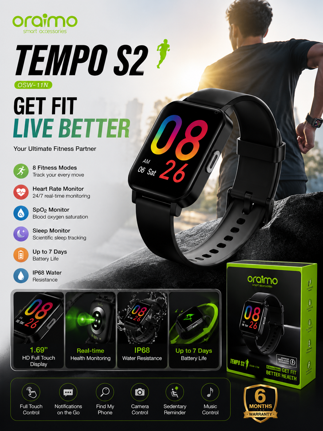 Oraimo Tempo S2 OSW-11N Smart Watch | 1.69" HD Full Touch Display | Heart Rate & SpO₂ Monitor | IP68 Waterproof | Bluetooth Smartwatch for Android & iPhone
