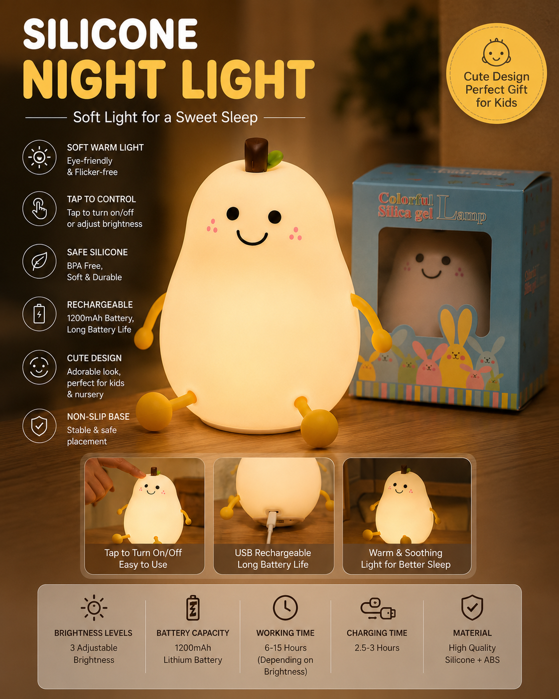 Cute Pear Silicone LED Night Light – USB Rechargeable Tap Control Bedside Lamp with Soft Warm Light for Kids, Baby & Bedroom