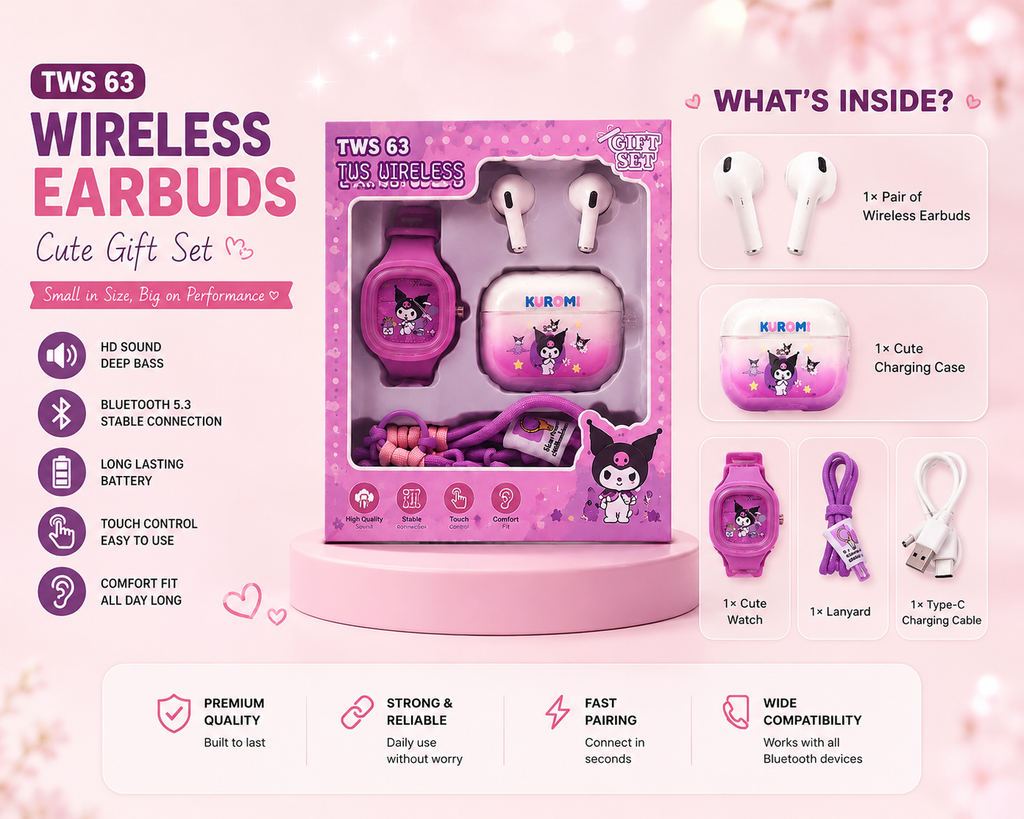 TWS-63 Premium Cute Wireless Earbuds Gift Set | Bluetooth 5.3 | HD Stereo Sound | Smart Touch | Long Battery | Perfect Gift for Girls