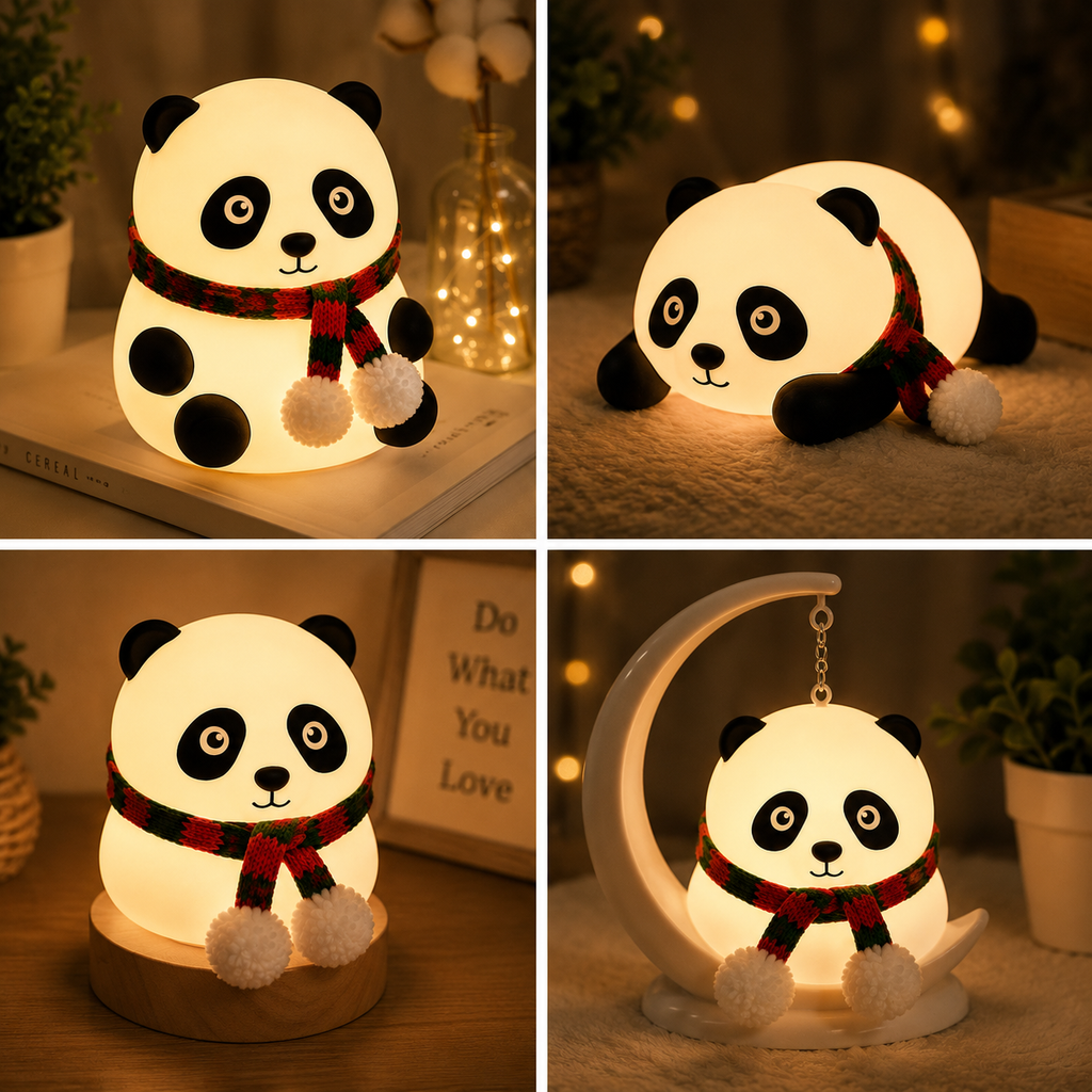 Cute Panda Silicone LED Night Light – USB Rechargeable Tap Control Bedside Lamp with 3 Brightness Levels for Kids & Baby Room