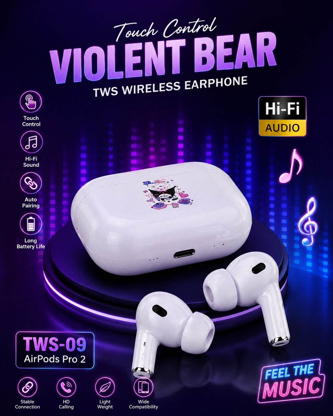 Violent Bear TWS-09 Wireless Bluetooth Earbuds – Hi-Fi Stereo Sound | Touch Control | Auto Pairing | Long Battery Life | Cute Cartoon Edition