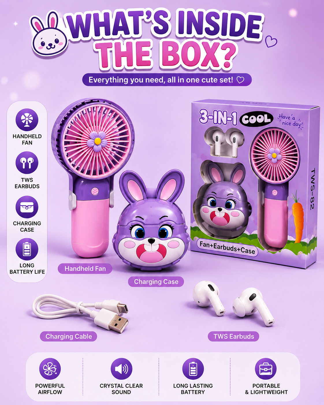 3-in-1 Bunny Essentials Kit TWS-82 – Mini Handheld Fan + Wireless Bluetooth Earbuds