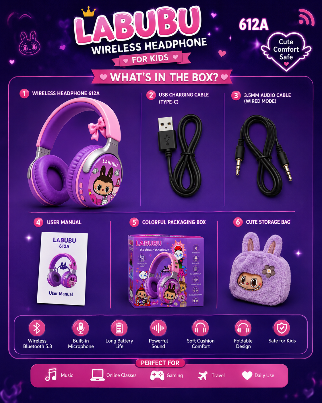 LABUBU 612A Wireless Bluetooth Headphones