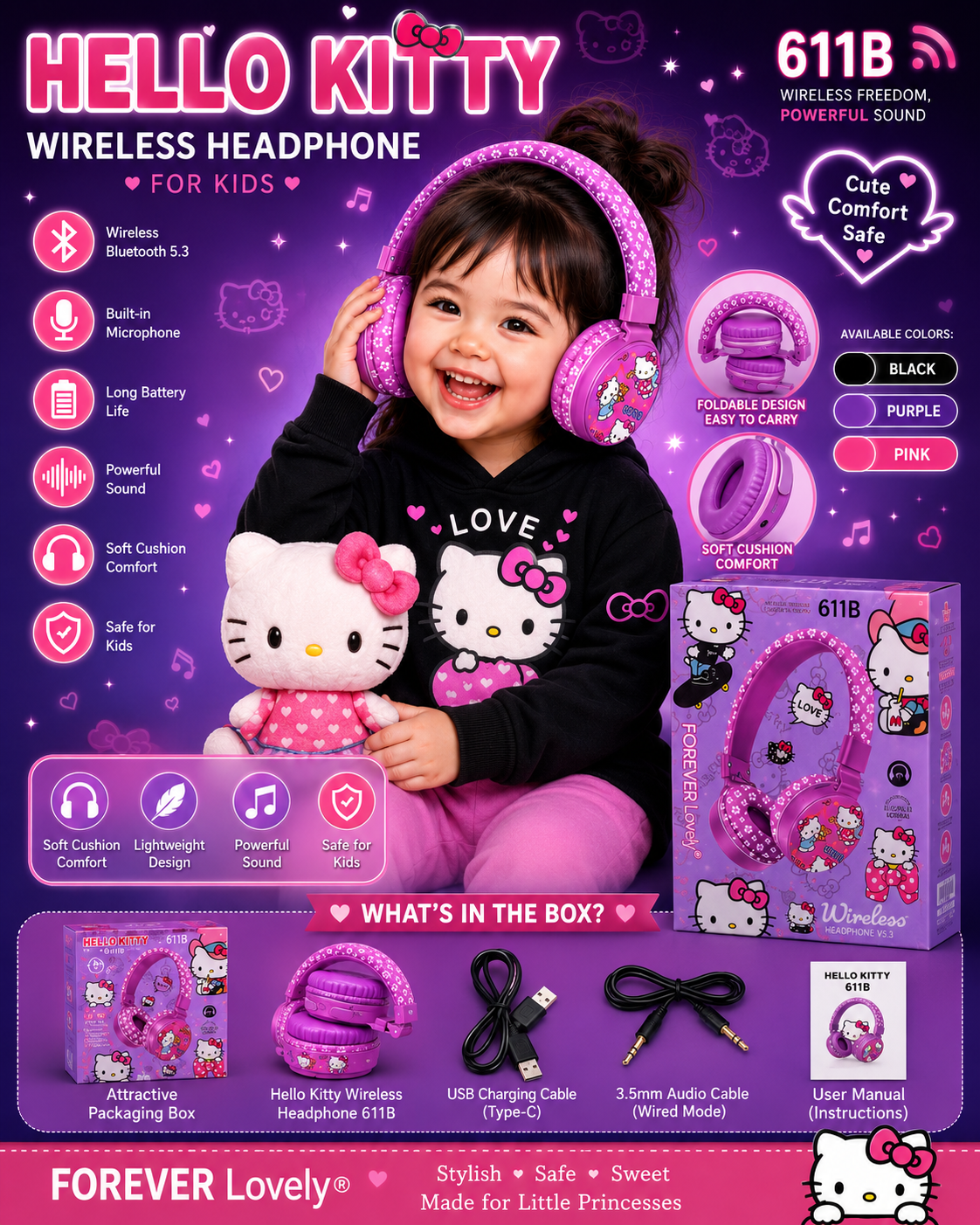 Hello Kitty 611B Wireless Bluetooth Headphones for Kids | Bluetooth 5.3 | Foldable Over-Ear Headset with Built-in Microphone | Cute Gift for Girls