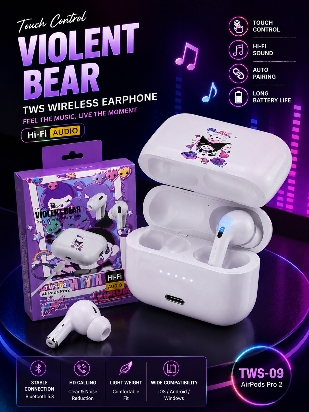 Violent Bear TWS-09 Wireless Bluetooth Earbuds – Hi-Fi Stereo Sound | Touch Control | Auto Pairing | Long Battery Life | Cute Cartoon Edition