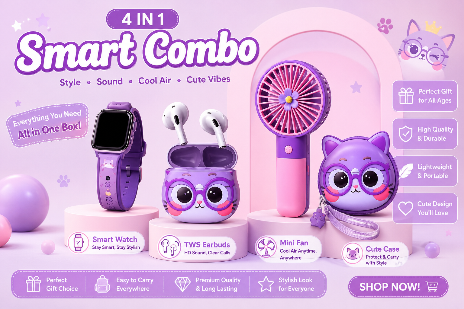 Cute 4-in-1 Smart Combo – Fan + Earbuds + Smart Watch + Kawaii Case