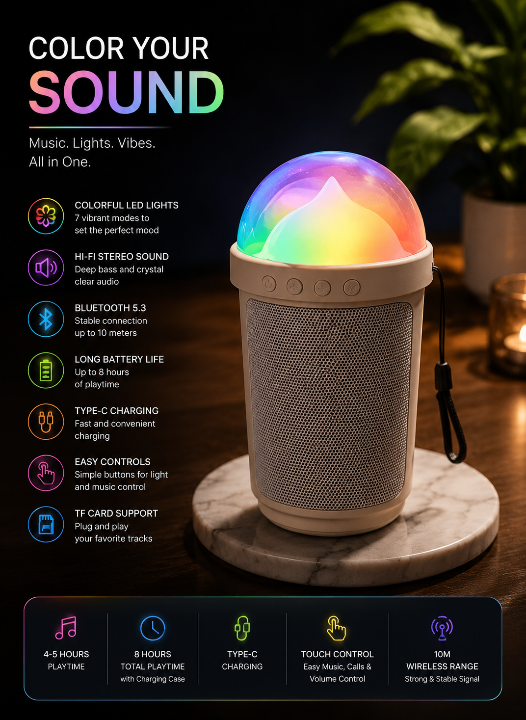 Portable Bluetooth Speaker with RGB LED Mood Light | Bluetooth 5.3 | Hi-Fi Stereo Sound | Type-C Fast Charging | TF Card Support | Wireless Mini Speaker