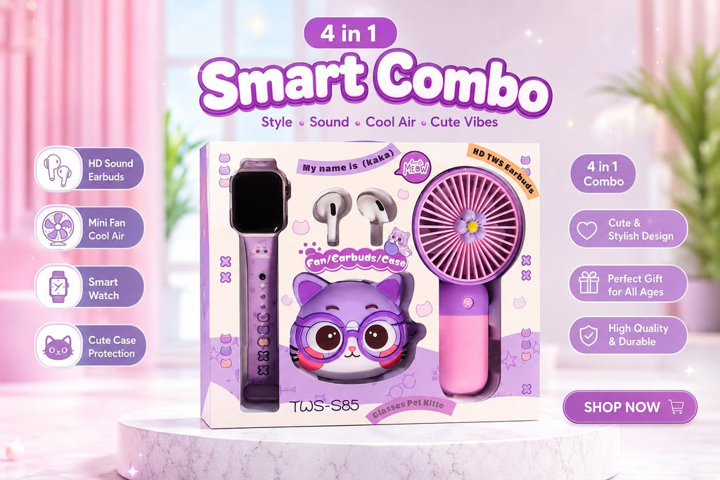 Cute 4-in-1 Smart Combo – Fan + Earbuds + Smart Watch + Kawaii Case