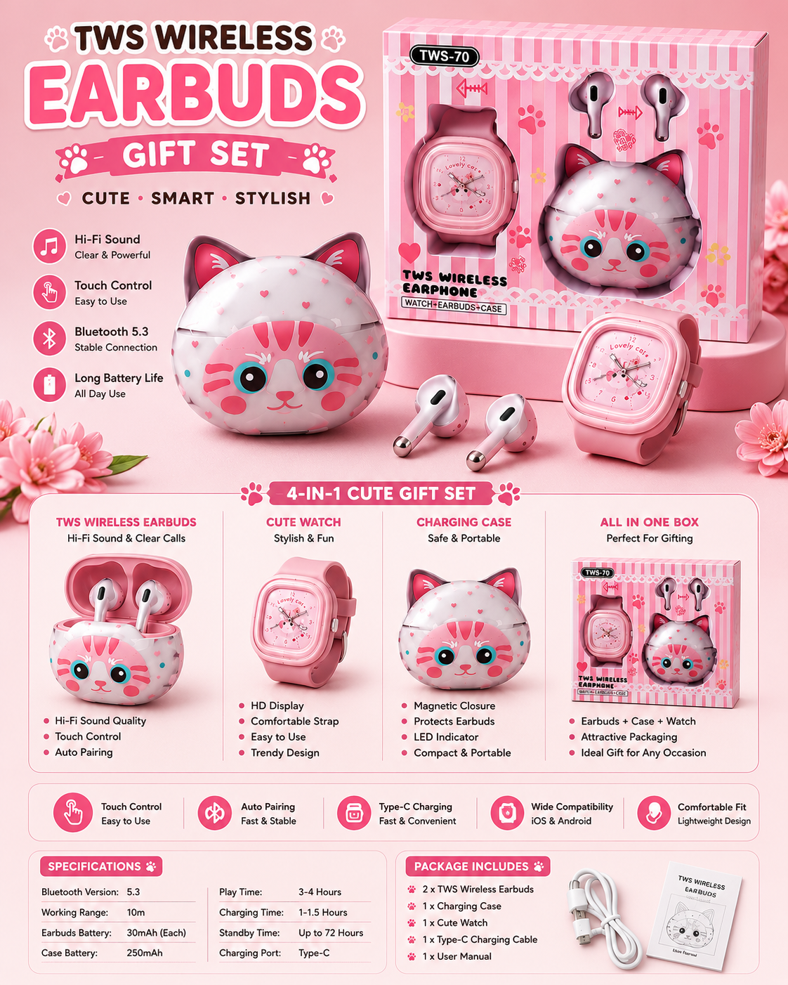 TWS-70 Cute Cat Wireless Earbuds Gift Set with Smart Watch & Charging Case | Bluetooth 5.3 | Hi-Fi Stereo Sound | Type-C Charging | Perfect Gift for Girls & Kids
