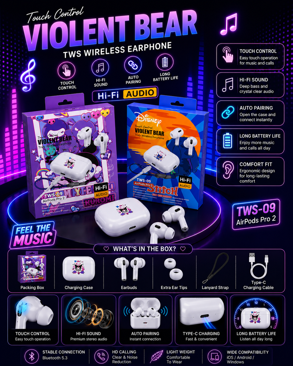 Violent Bear TWS-09 Wireless Bluetooth Earbuds