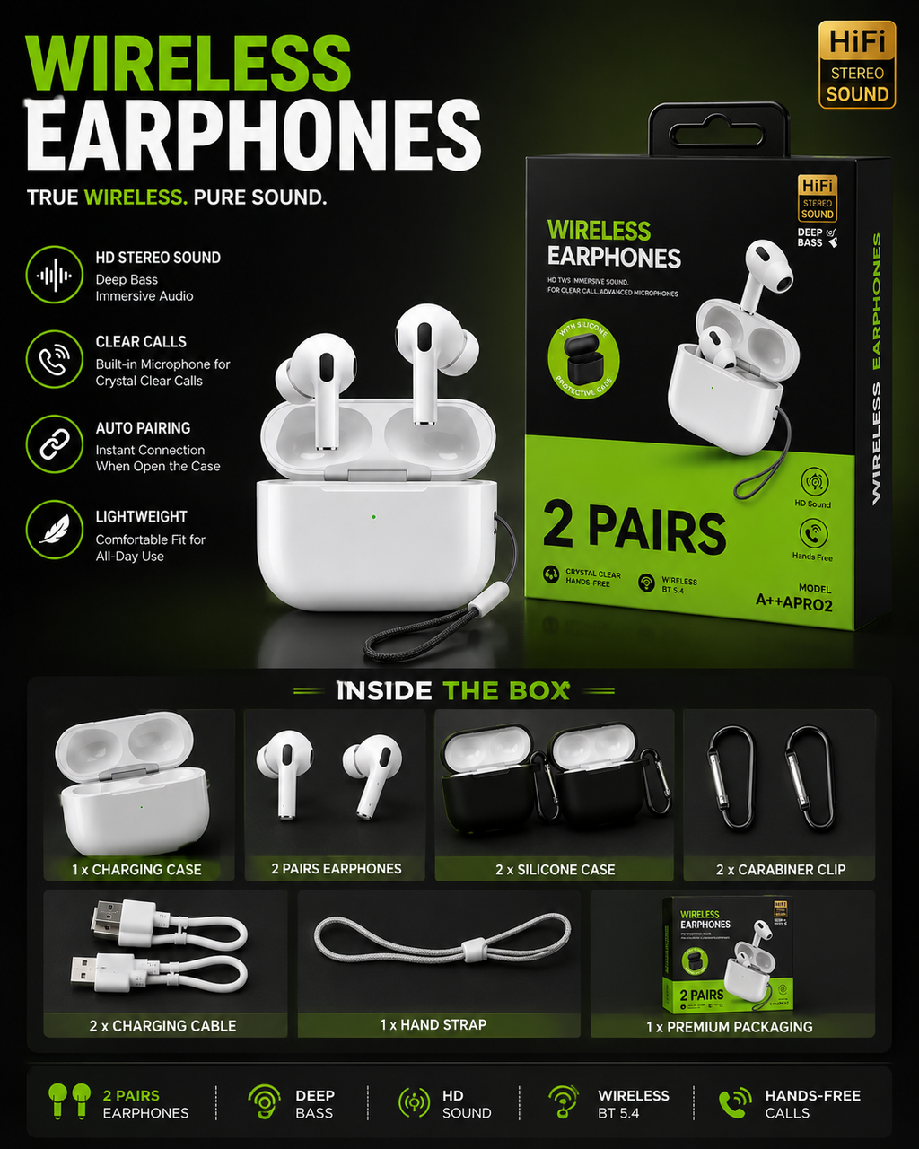 2-in-1 Wireless Earbuds with Charging Case | HD Stereo Sound | Deep Bass | Touch Control | Auto Pairing Bluetooth Earphones