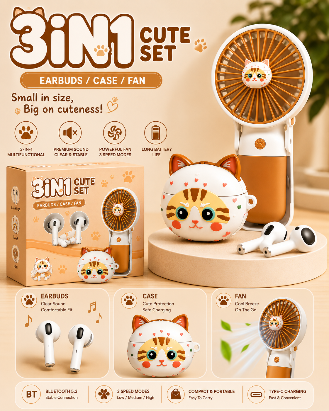 3-in-1 Cute Cat Earbuds Set – Wireless Bluetooth Earbuds with Portable Mini Fan