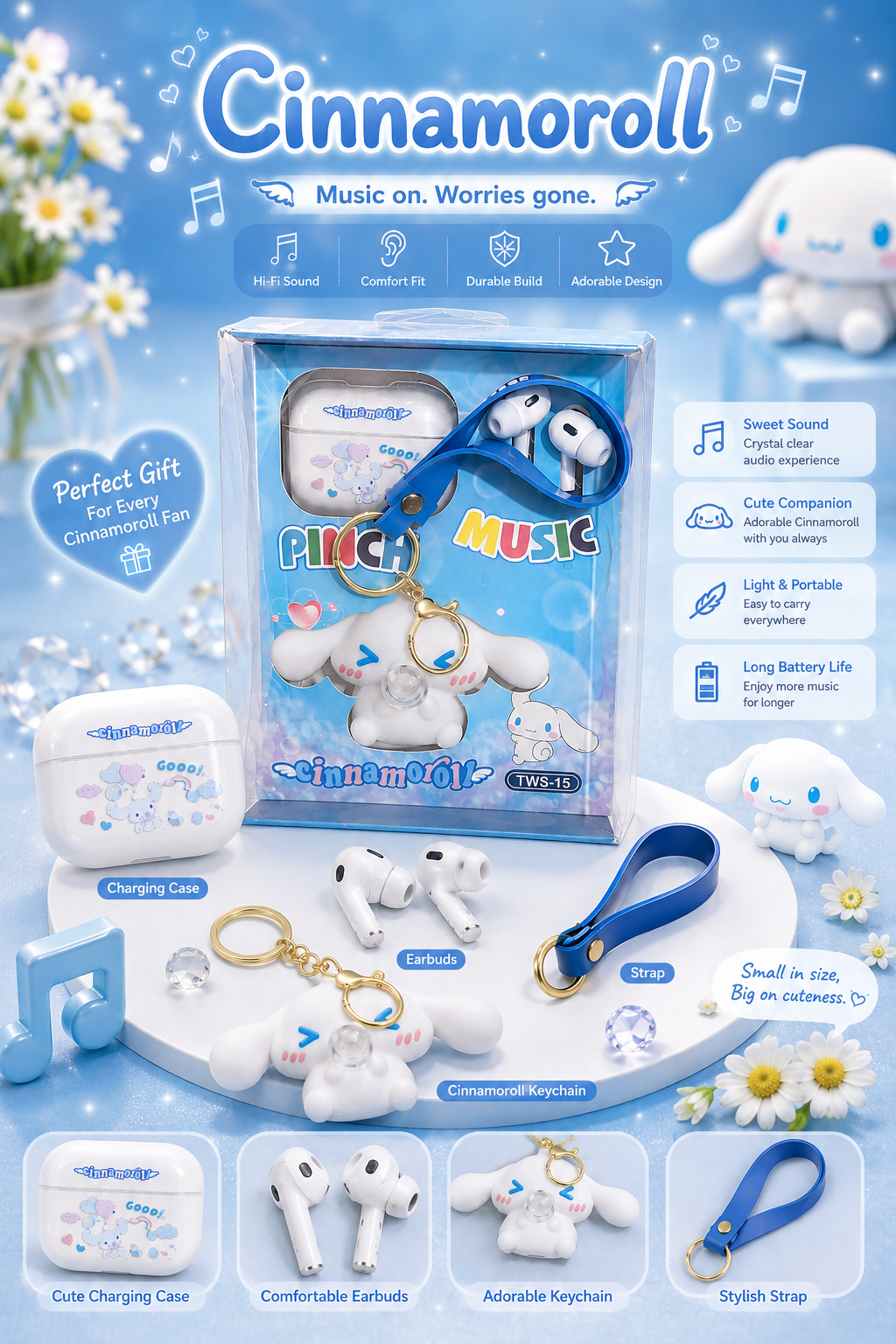 Cinnamoroll TWS-15 Wireless Bluetooth Earbuds with Cute Keychain Case – Hi-Fi Stereo Sound | Touch Control | Long Battery Life | Gift Edition