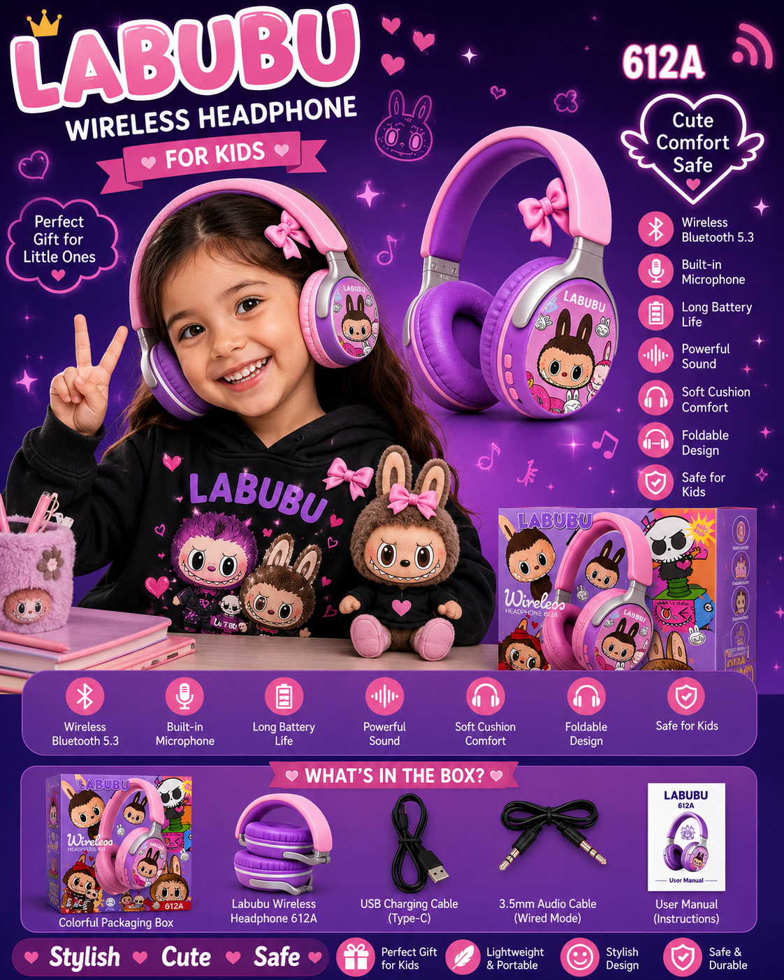 LABUBU 612A Wireless Bluetooth Headphones for Kids – Cute Cartoon Design, Bluetooth 5.3, Built-in Mic, Foldable & Safe Comfortable Earphones