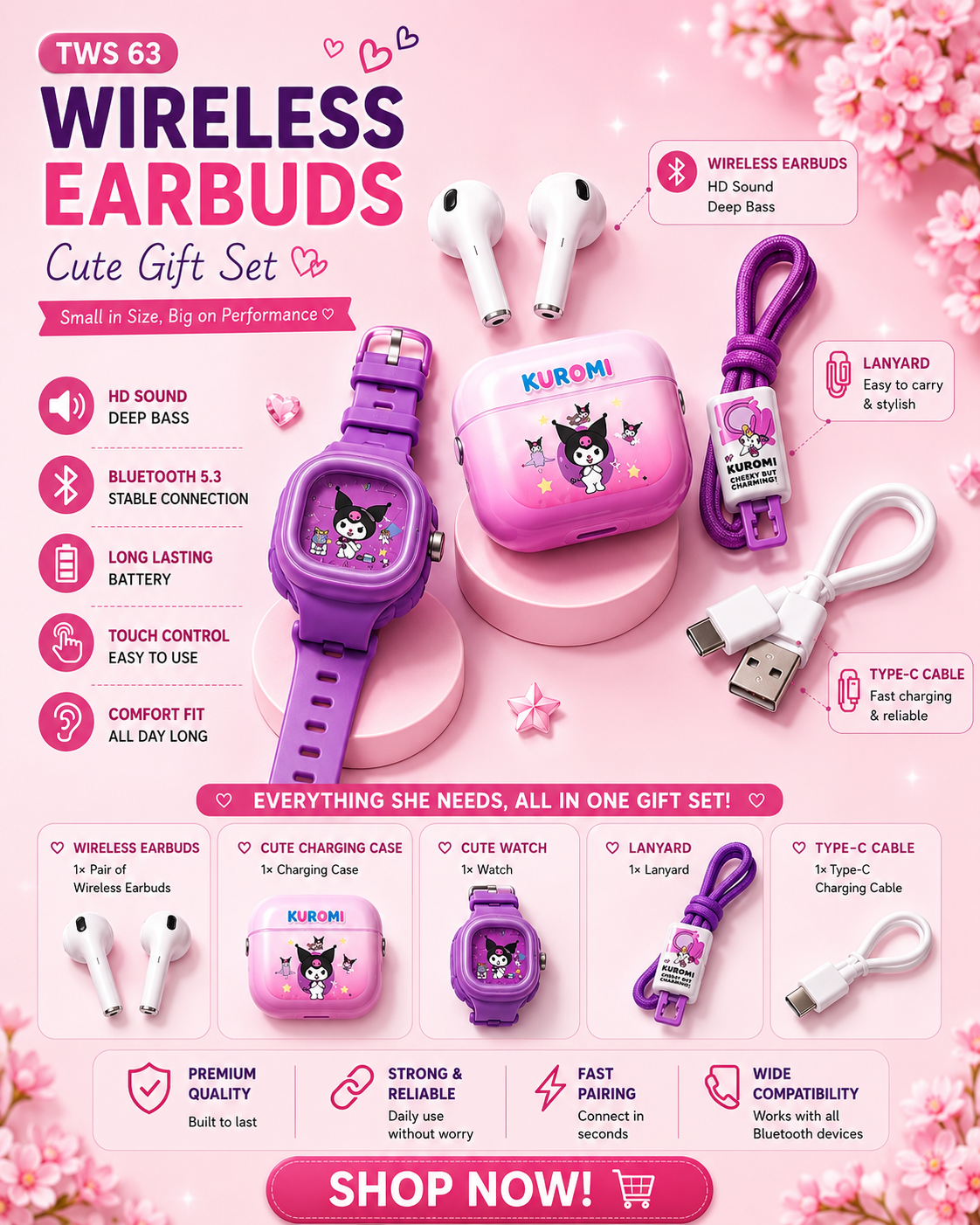 TWS-63 Premium Cute Wireless Earbuds Gift Set