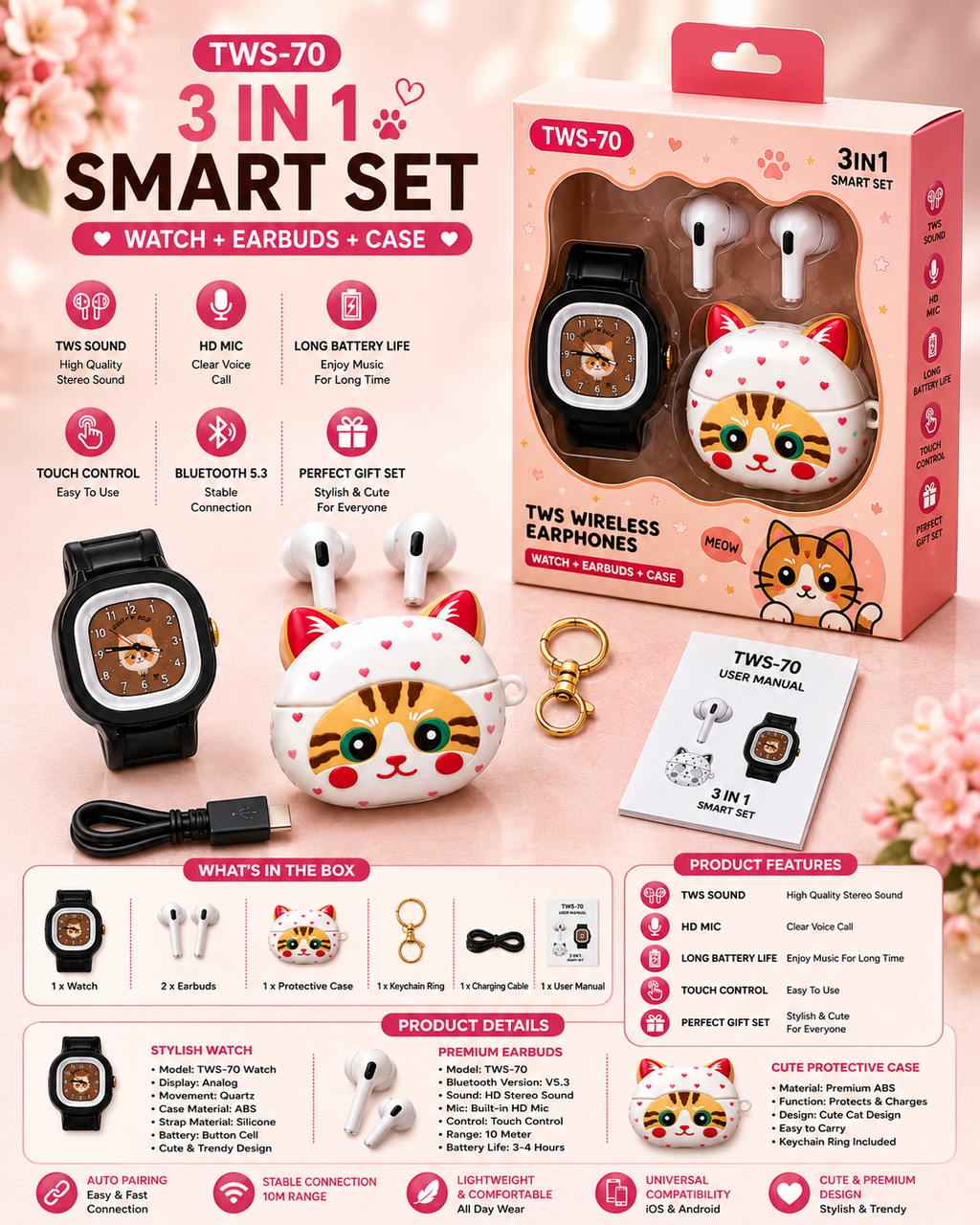 Cute Cat Bluetooth Earbuds Combo