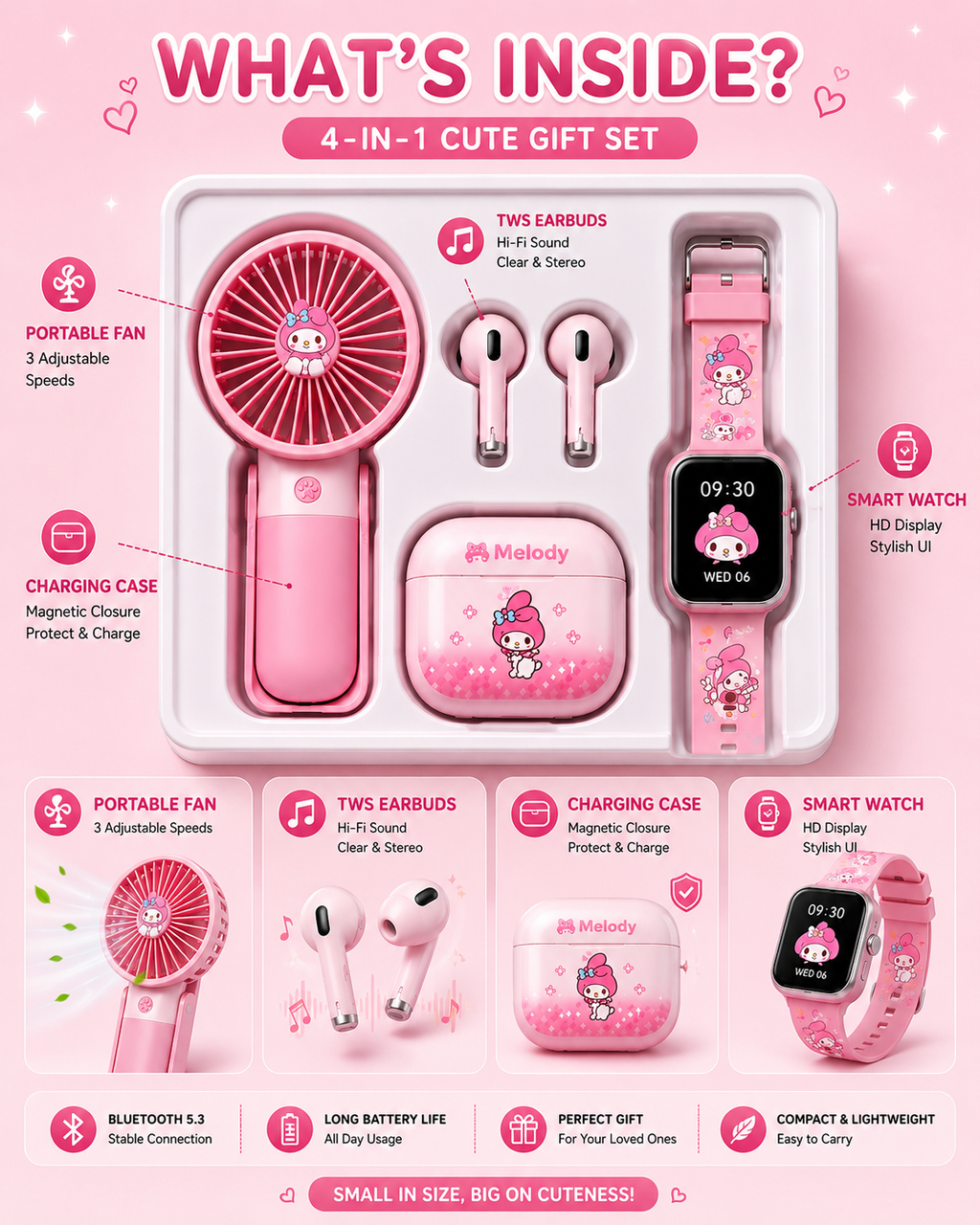4-in-1 Cute Gift Set – Portable Mini Fan, Wireless TWS Earbuds, Smart Watch