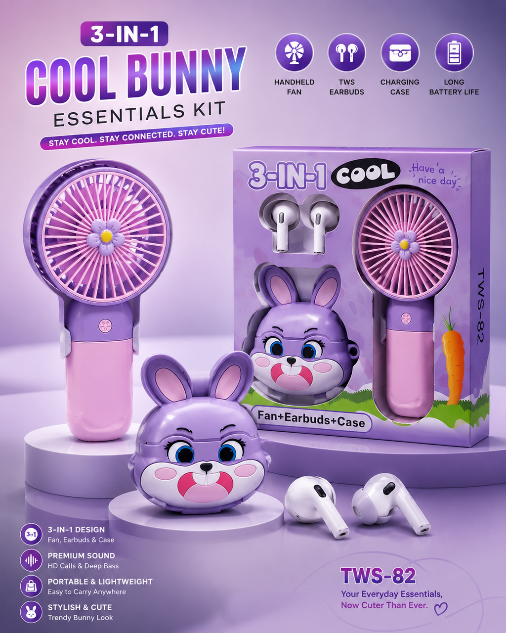 3-in-1 Bunny Essentials Kit TWS-82 – Mini Handheld Fan + Wireless Bluetooth Earbuds + Cute Charging Case | Portable Rechargeable Gift Set