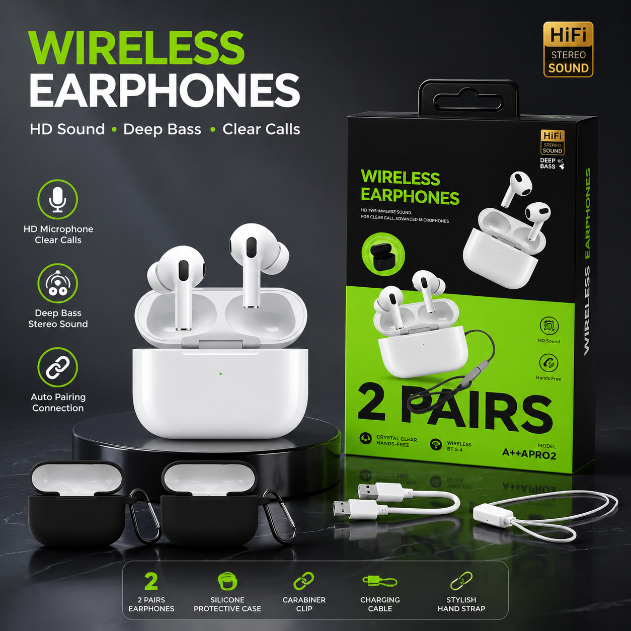 2-in-1 Wireless Earbuds with Charging Case | HD Stereo Sound | Deep Bass | Touch Control | Auto Pairing Bluetooth Earphones