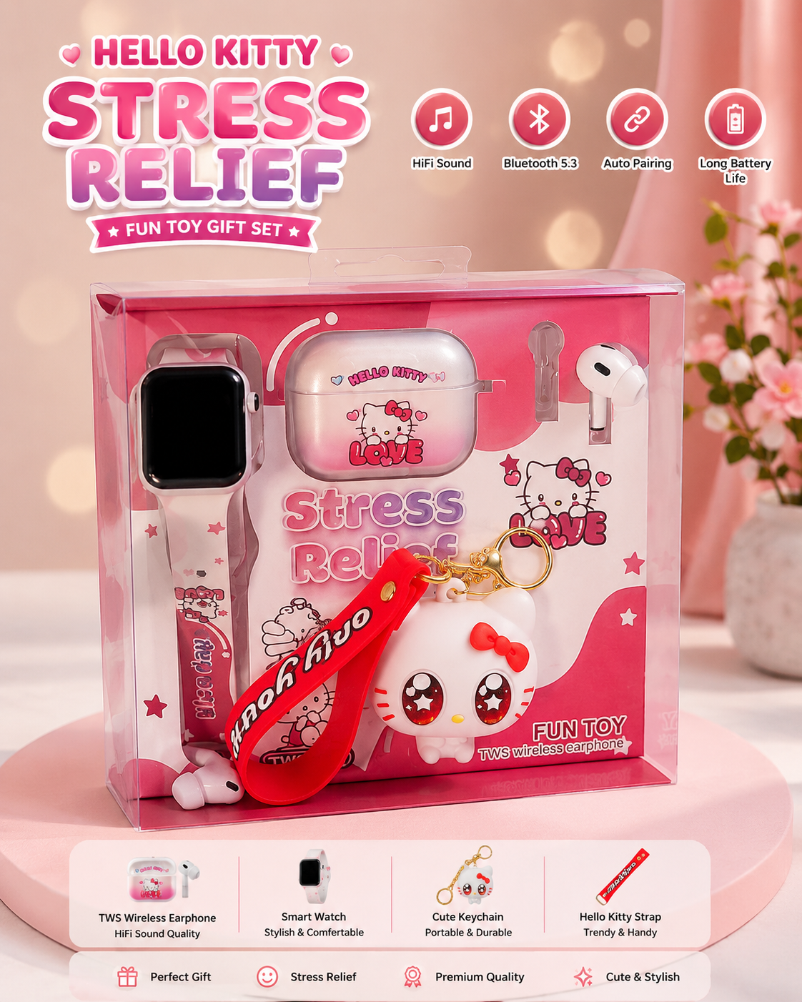 Hello Kitty Cute Wireless Earbuds Gift Set with Smart Watch | Bluetooth 5.3 | Premium Quality