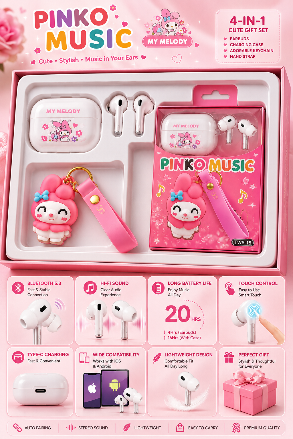 Pinko Music My Melody TWS Wireless Earbuds with Cute Keychain | Bluetooth 5.3 | Hi-Fi Stereo Sound | Type-C Charging | Touch Control | Gift Edition