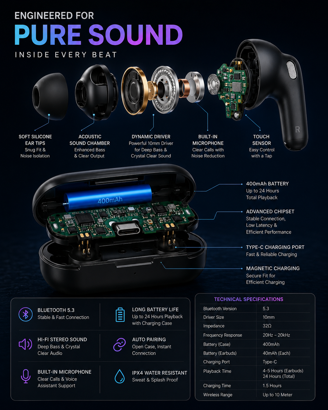 TWS Bluetooth 5.3 Wireless Earbuds | Hi-Fi Stereo Sound | Touch Control | Type-C Fast Charging | 24H Playtime | IPX4 Water Resistant