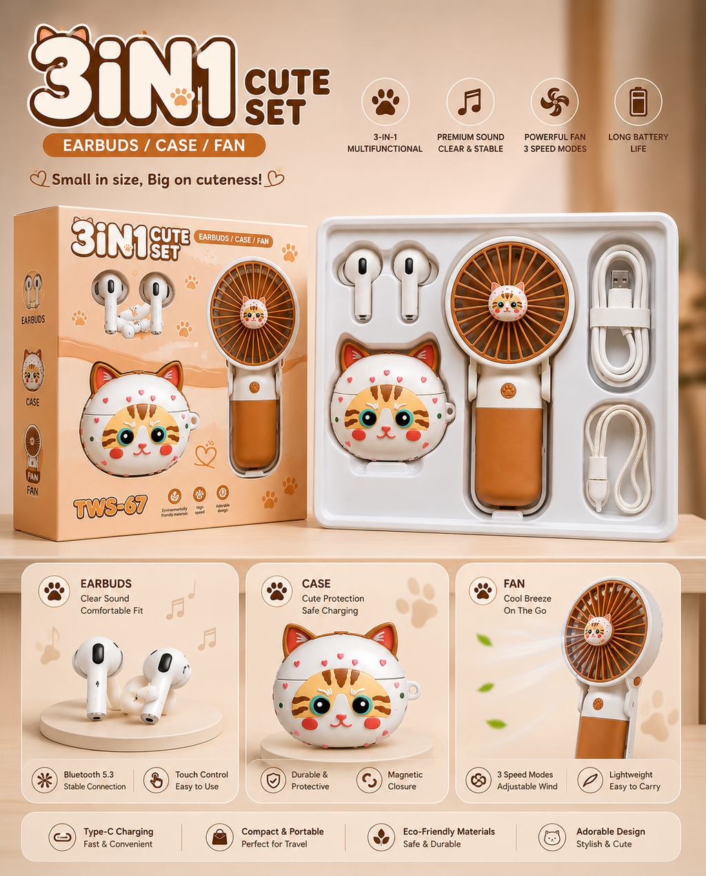 3-in-1 Cute Cat Earbuds Set – Wireless Bluetooth Earbuds with Portable Mini Fan & Cute Charging Case | USB-C Rechargeable | TWS-67