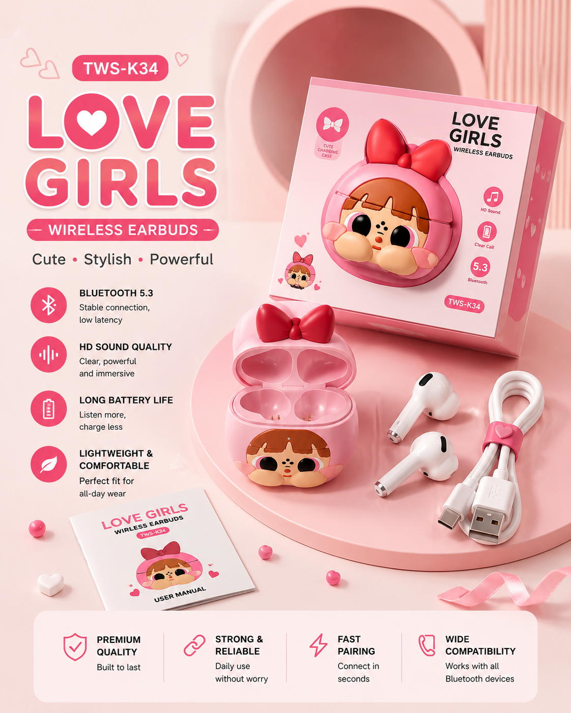 Love Girls Wireless Earbuds – Cute Bluetooth 5.3 Earphones with Premium Charging Case
