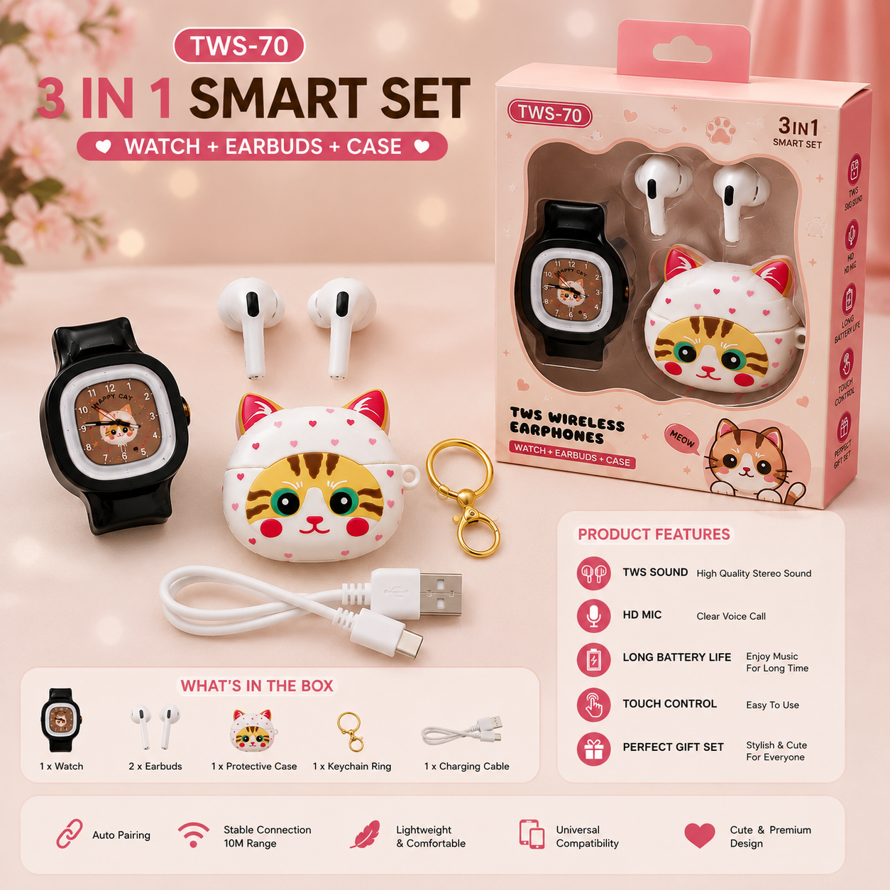 Cute Cat Bluetooth Earbuds Combo | TWS-70 | Smart Watch + Protective Case | HiFi Sound