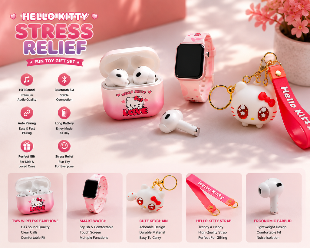 Hello Kitty Cute Wireless Earbuds Gift Set with Smart Watch | Bluetooth 5.3 | Premium Quality