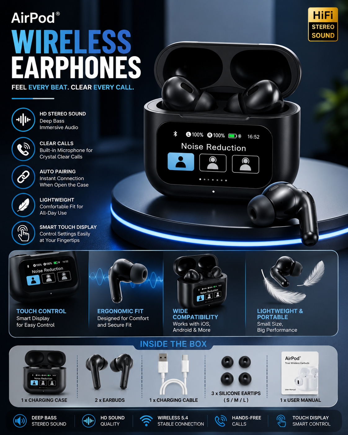 AirPod Pro Wireless Earbuds with Smart Touch Display – Bluetooth 5.4, Hi-Fi Stereo Sound, Deep Bass, ENC Noise Reduction & HD Calling