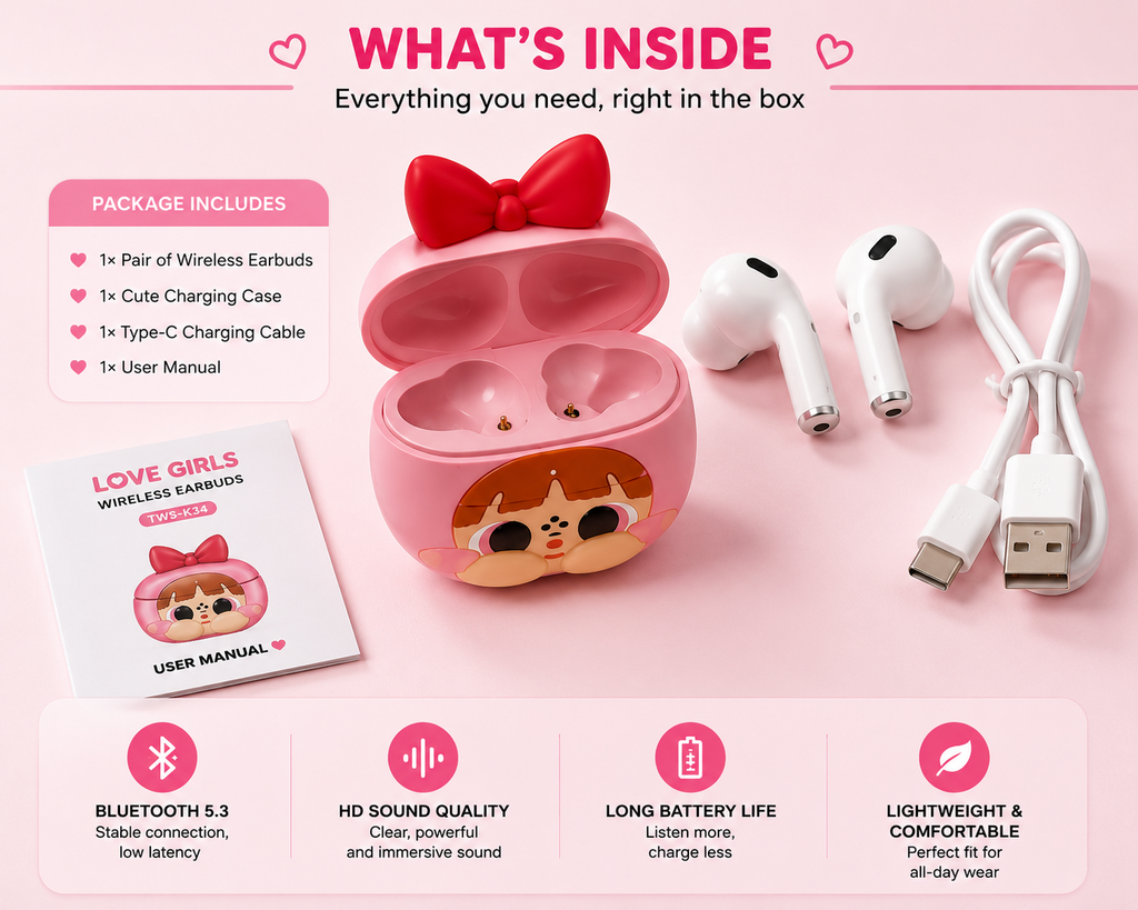 Love Girls Wireless Earbuds – Cute Bluetooth 5.3 Earphones with Premium Charging Case